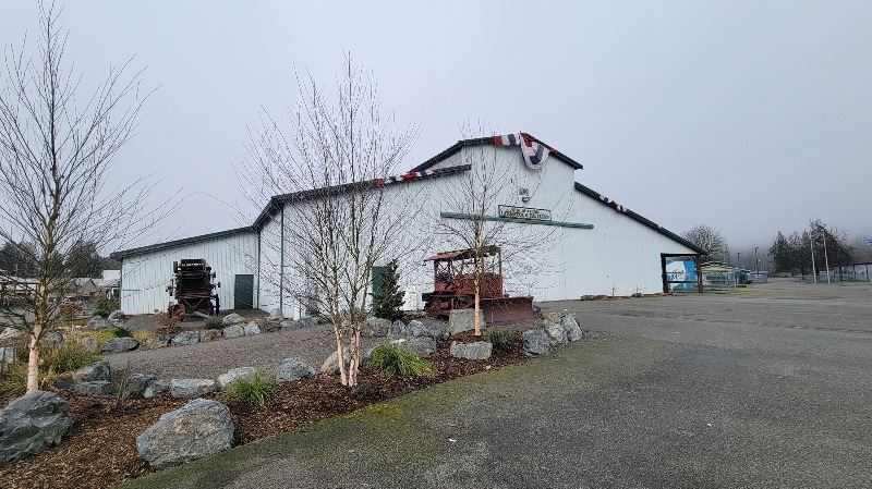 Angled view of pavilion with static tractor display