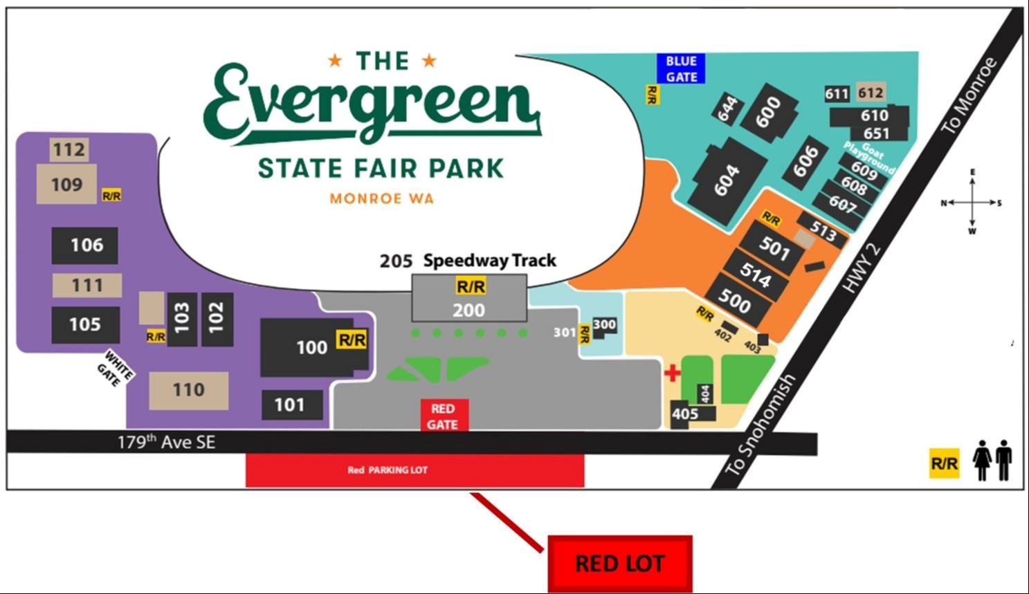 Map showing red parking lot location