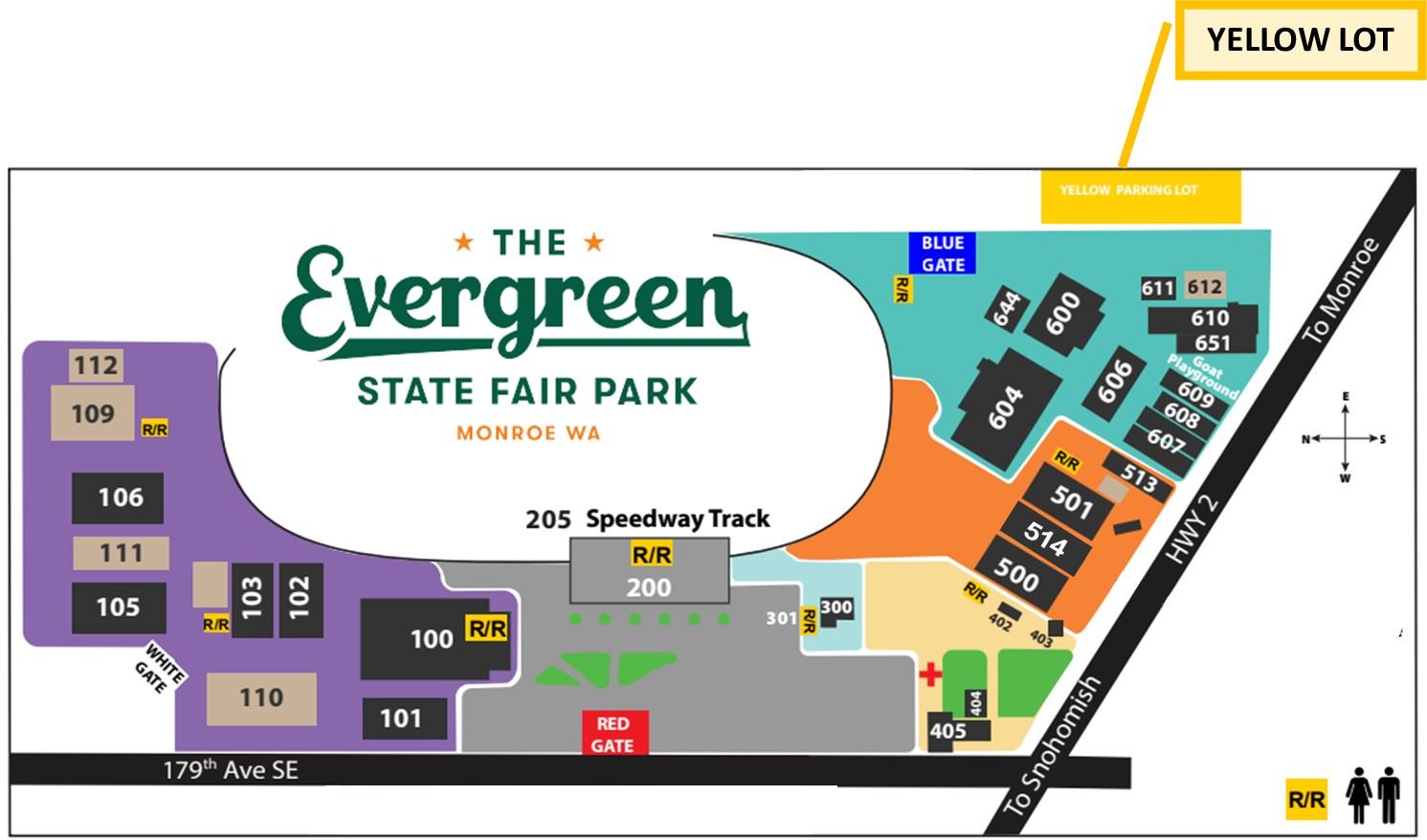 Map showing location of Yellow Parking Lot