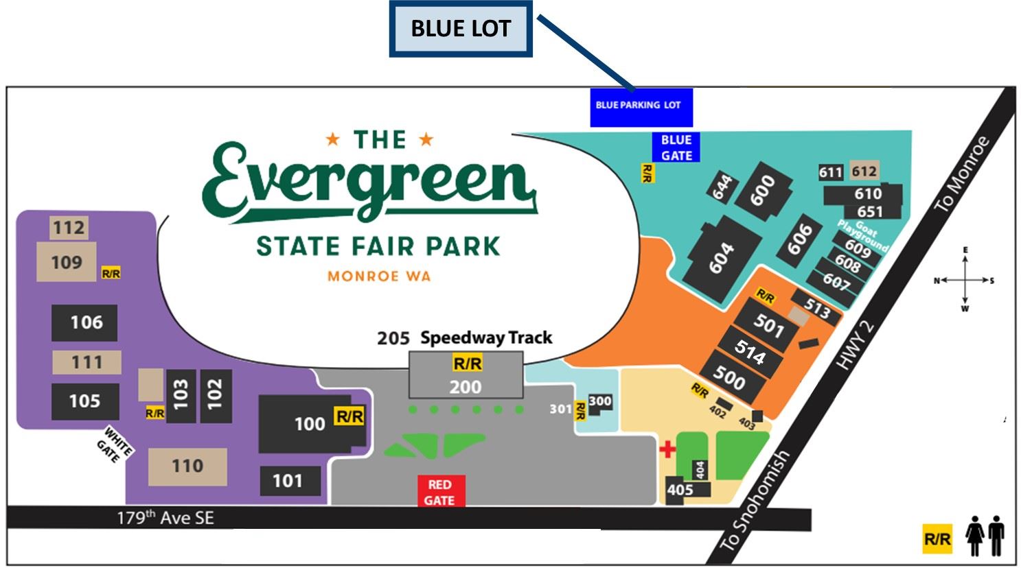 Map showing location of Blue Parking Lot