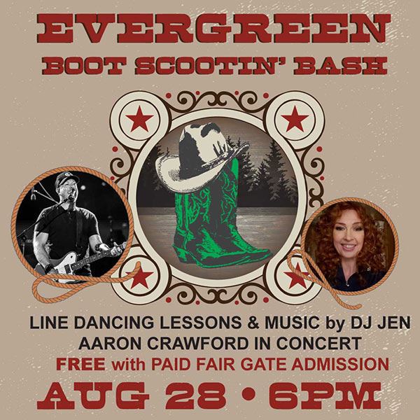 Evergreen Boot Scootin Bash, Aaron Crawford, Jen Workman  and cowboy boots and hat.