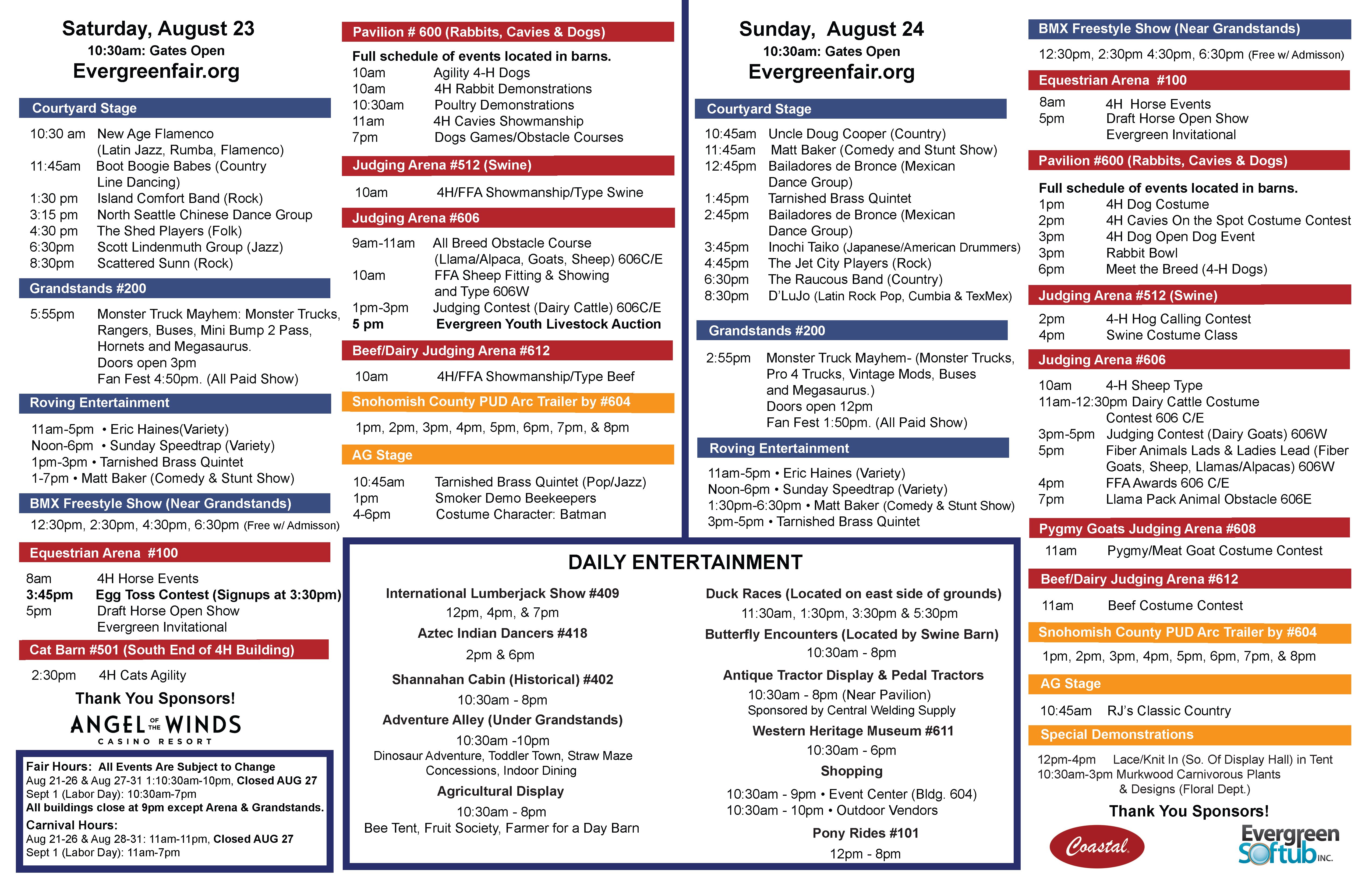 Daily Schedules for Sat 8/23 and Sun 8/24